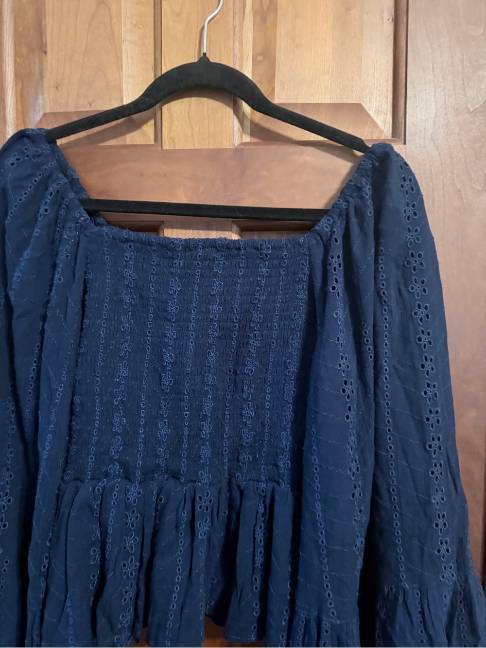 Angie’s Women’s Navy Eyelet Smocked Peasant Top - Picture 2 of 7